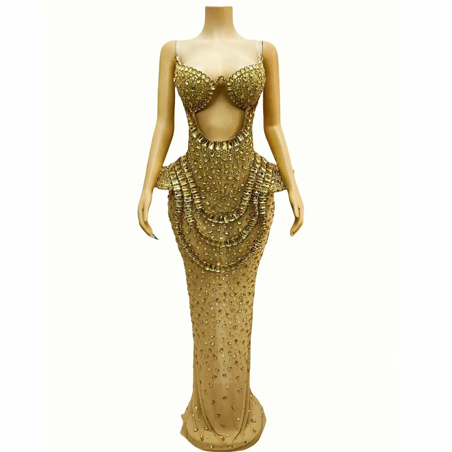 Fuguan Evening Dresses 2025 Sexy Hollow Transparent Mesh Gold Rhinestone Women's Wedding Brithday Luxury Party Evening Dress