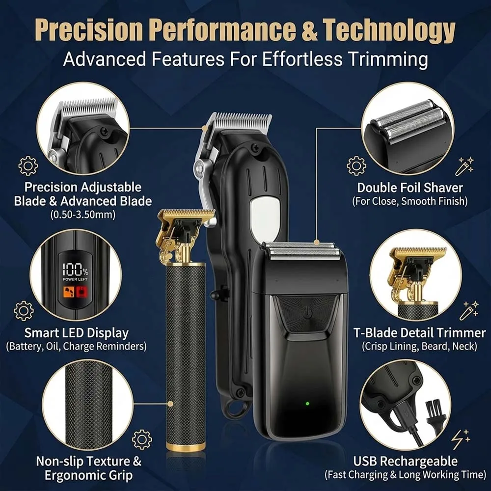 Professional Hair Clipper Set with LCD Display, Rechargeable Electric Trimmer for Men, Includes T-Outliner, Foil Shaver, Guide Combs & Accessories view 3