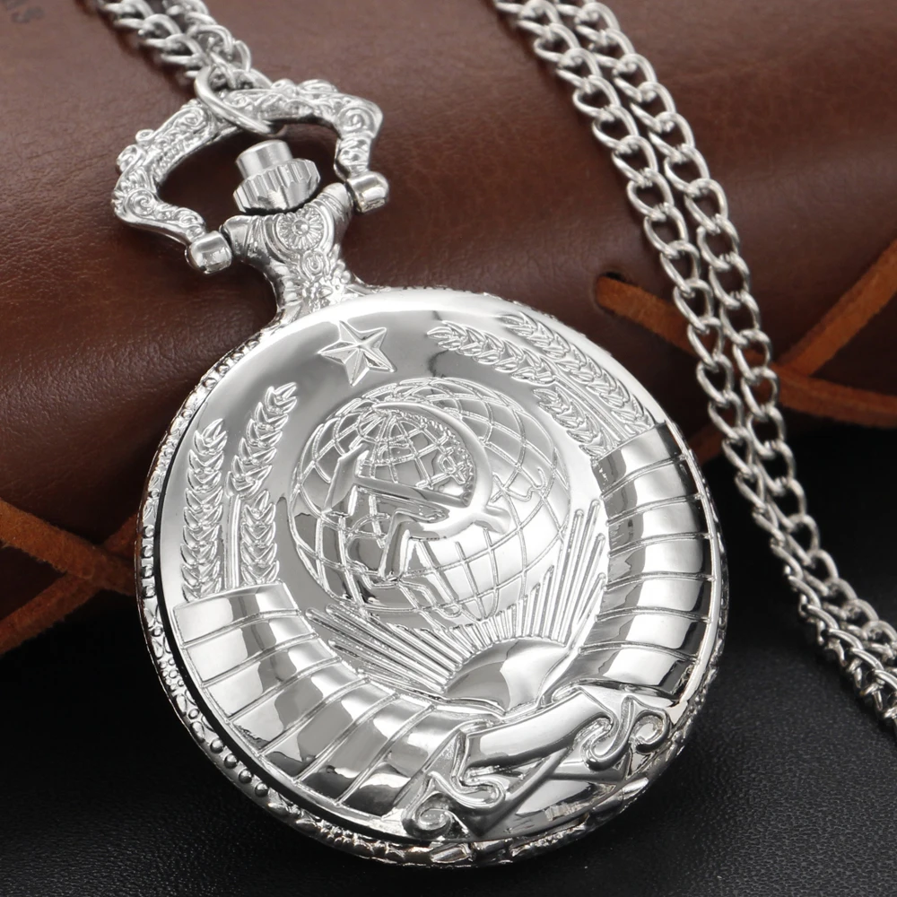 Old Age Silver Soviet Republic Party Emblem Quartz Pocket Watch Vintage Steam Punk Pendant Pendant for Men and Women Gift