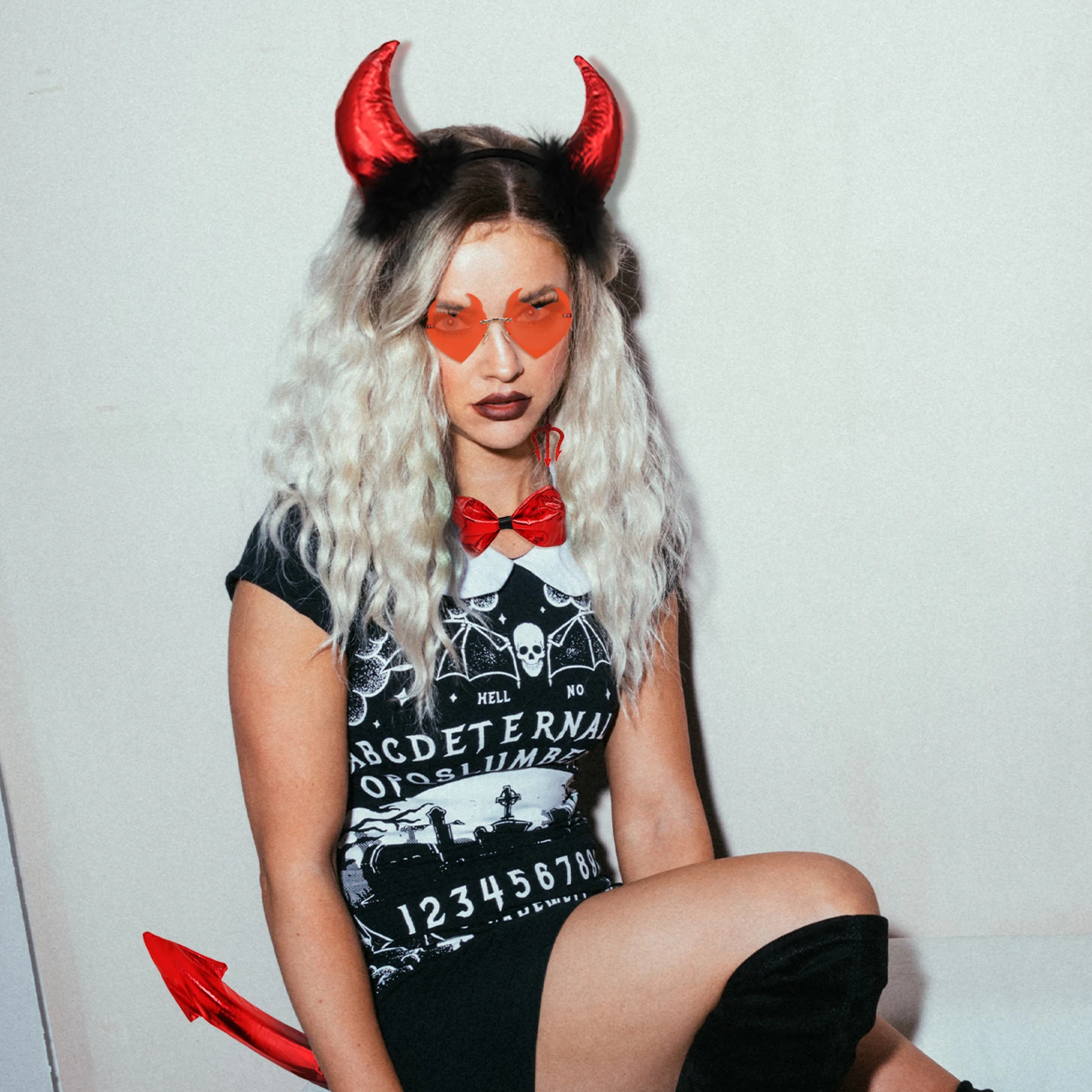 Halloween Devil Cosplay Costume Accessories Fluffy Ears Stretchy Headband Bowtie Bendable Tail Set Devil Horns Headband Kit Prop