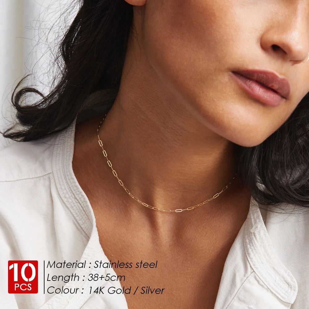 EManco 10PCS Gold Color Fine Chain Necklace for Women Stainless Steel Link Chain Minimalist Jewelry Gifts Wholesale
