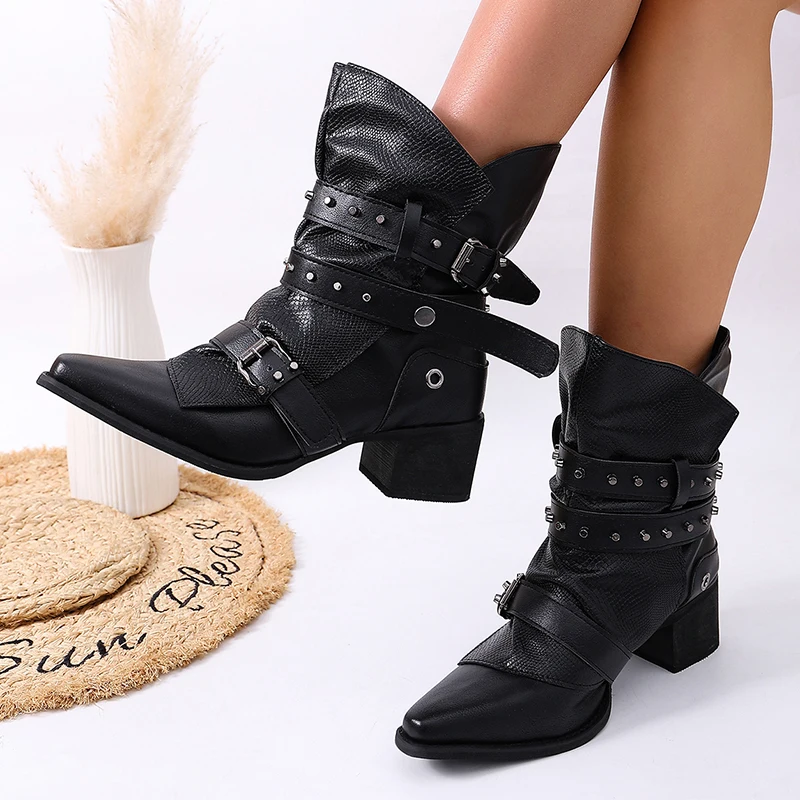 Punk Rivet Black High Heel Ankle Boots for Women 2026 Autumn Buckle Strap Pointed Toe Cowboy Shoes Woman Pu Leather Short Botas