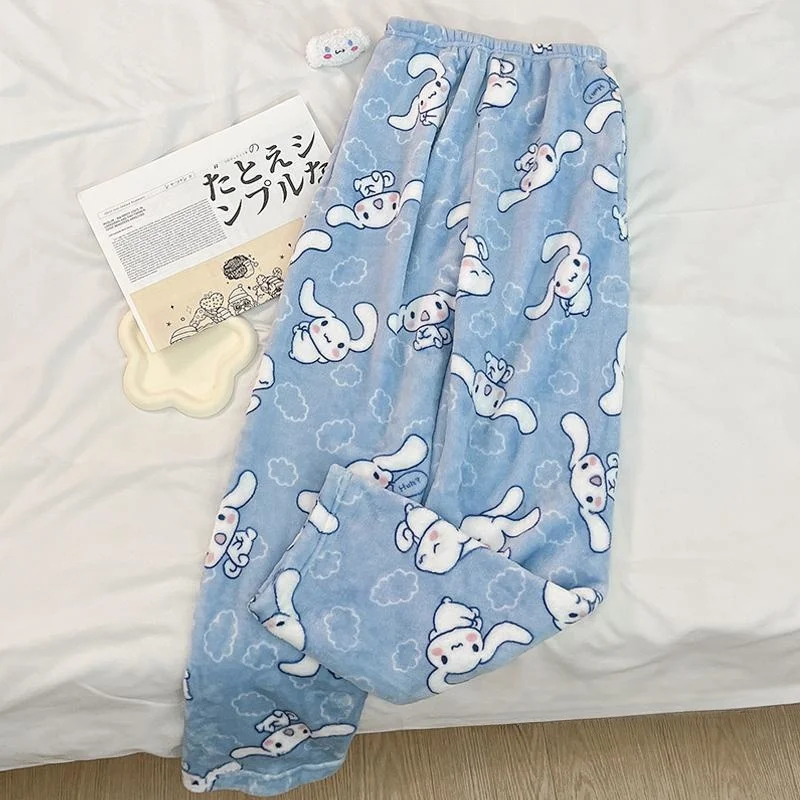 Sanrio Hello Kitty Pajamas Flannel Women Warm Woolen White Cartoon Anime Casual Home Pants Autumn Trousers