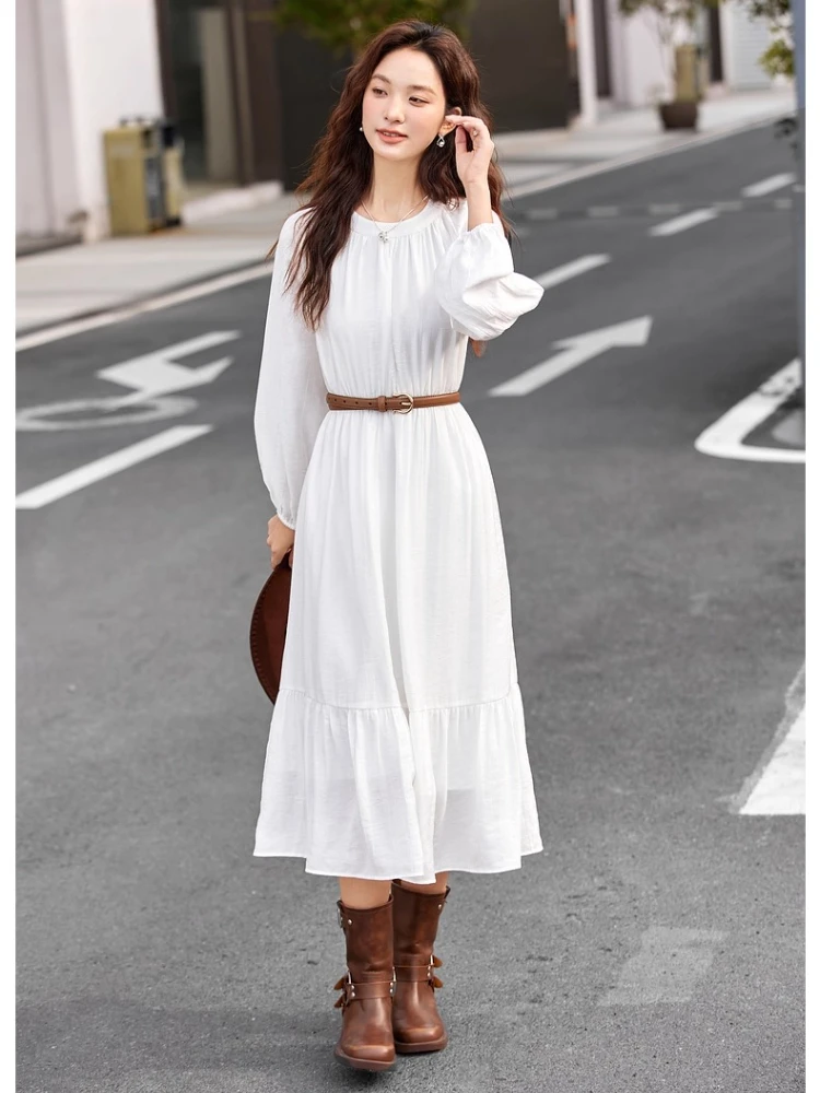 

VIMLY Long Dresses Woman 2025 Autumn Vacation White A-line Women Dresses Elegant Round Neck Loose Dress Ladies Clothing A2823