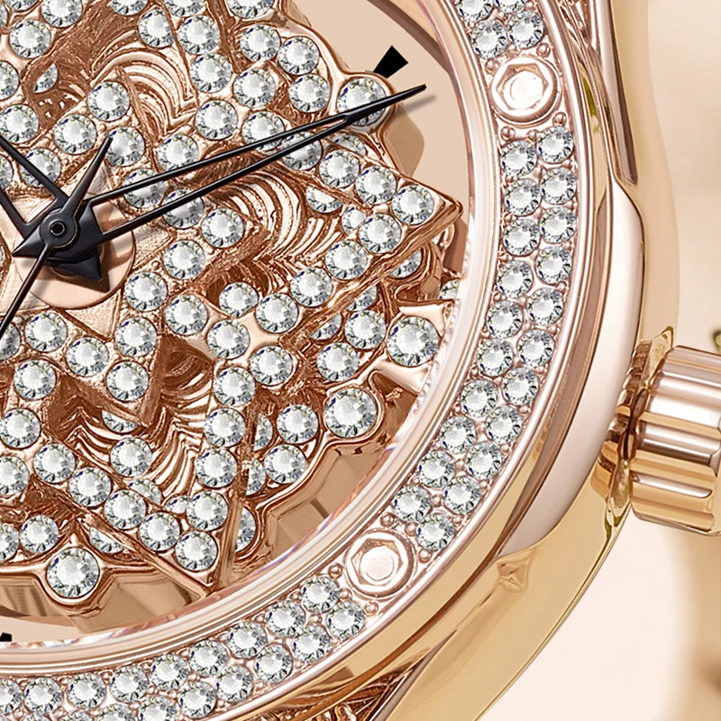 MARK FAIRWHALE Light Luxury Leather Strap 360 Degrees Rotary Star Snow flake Hollow Diamond Dial Ladies Watches