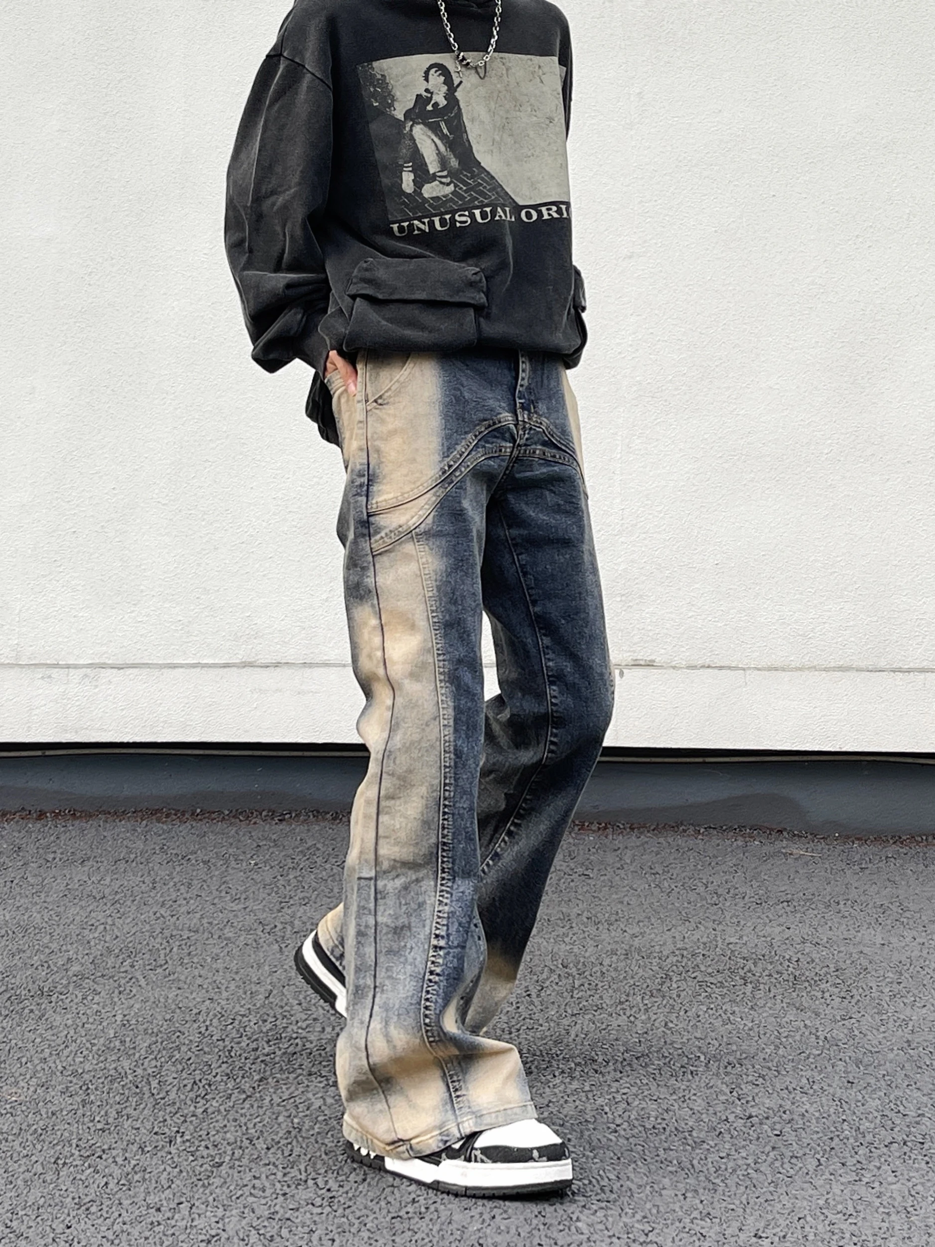 Jeans High Street American Vintage Wash Harajuku Y2K Spliced Jeans Men's Loose Flare Design Feel Pants