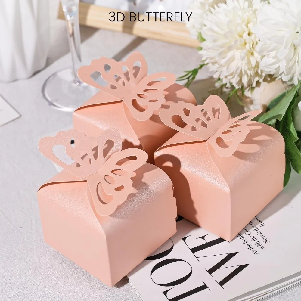 50pcs Pink Butterfly Favor Boxes Small Size 3D Design Butterfly Candy Boxes Elegant Butterfly Present Boxes Party Favors