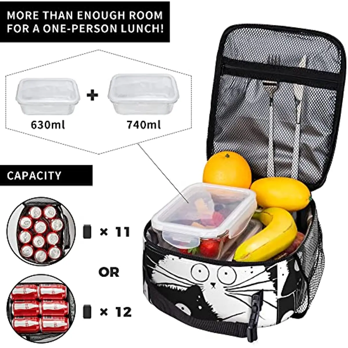 Manga Black and White Cat Lunch Box Leakproof Lunch Organizer Compact Water Resistant Handbag Reusable Food Container for Lunch