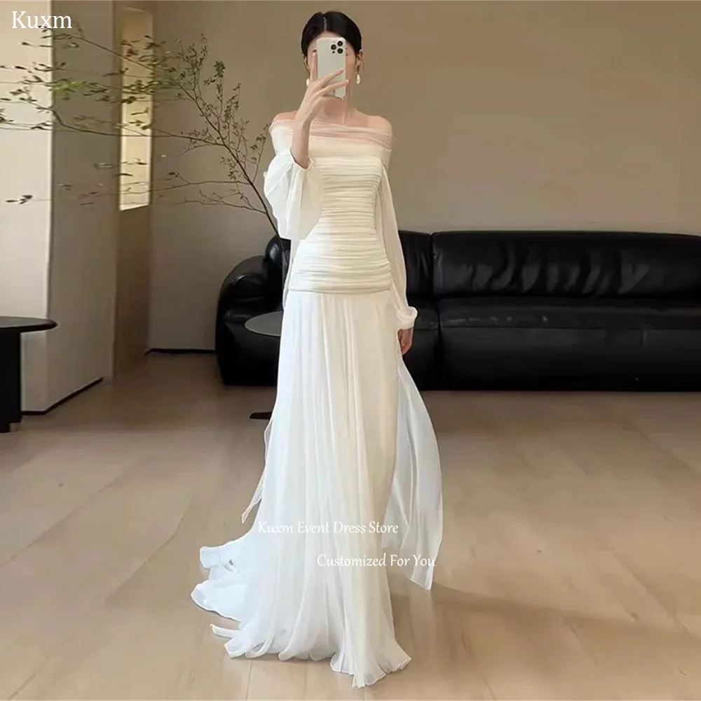 Kuxm Strapless A Line Korea Wedding Dress Off The Shoulder Chiffon Bridal Gown Elegant Photo Shoot Vestido De Noiva Customized