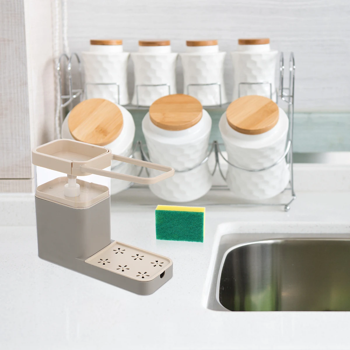 

Shelf Manual Essence Dispenser Washing-up Liquid Sponge Practical Soap Pump Grey Storage Container