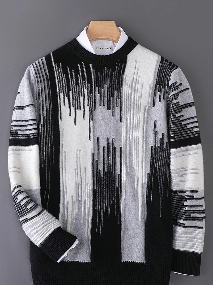 Autumn Winter High Quality Fashion Sweaters/Male Color Contrast  Loose Knitted Pullover 100% Wool Man Casual Round Neck Sweaters