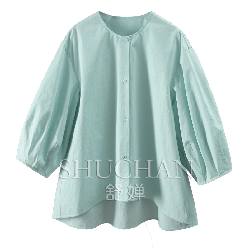 

Summer Lake Blue Lantern Sleeves High Count Cotton Round Neck Shirt Female Blusas Mujer De Moda Verano