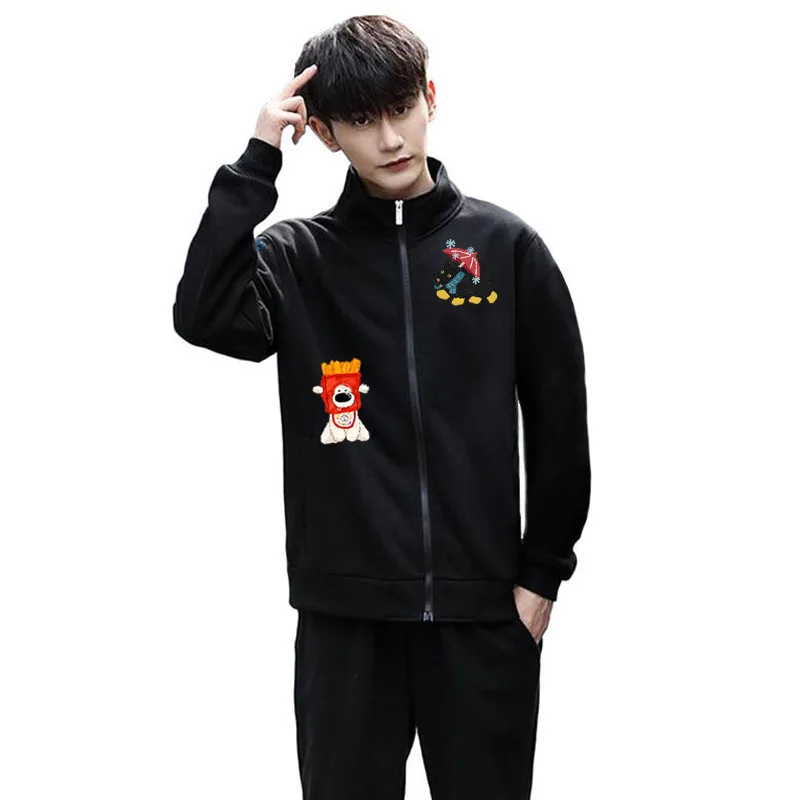 

Men Women Cotton Zip-Up Jacket with Dog Rabbit Bear Elephant Print Lapel Collar Loose Straight Fit Thickened for Spring Autumn