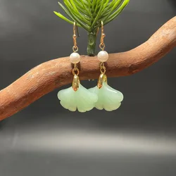 Pendiente de gota de perla estilo hoja de Ginkgo de Jade verde Natural Retro para mujer, pendientes de gancho de piedra antigua china de oro de 14K, regalo