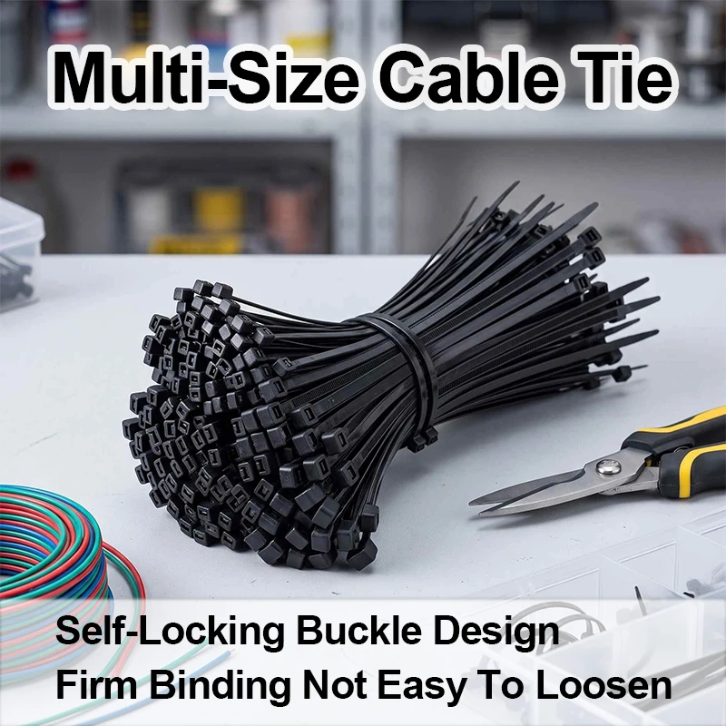 400PCS Black Nylon Cable Ties, 4 Kinds Of Size Combination Set, Household And Industrial Multi-Purpose Self-Locking Cable Straps, With Buckle Locking Design, For Wire Storage, Gardening Fixing And Bundling Tools.