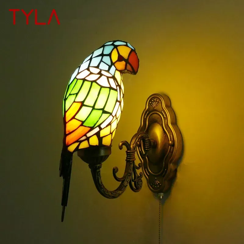 TYLA Tiffany parrot Wall Lamps American countryside Children's room Homestay Villa Hotel Stained Glass Animal Decoration Lamp