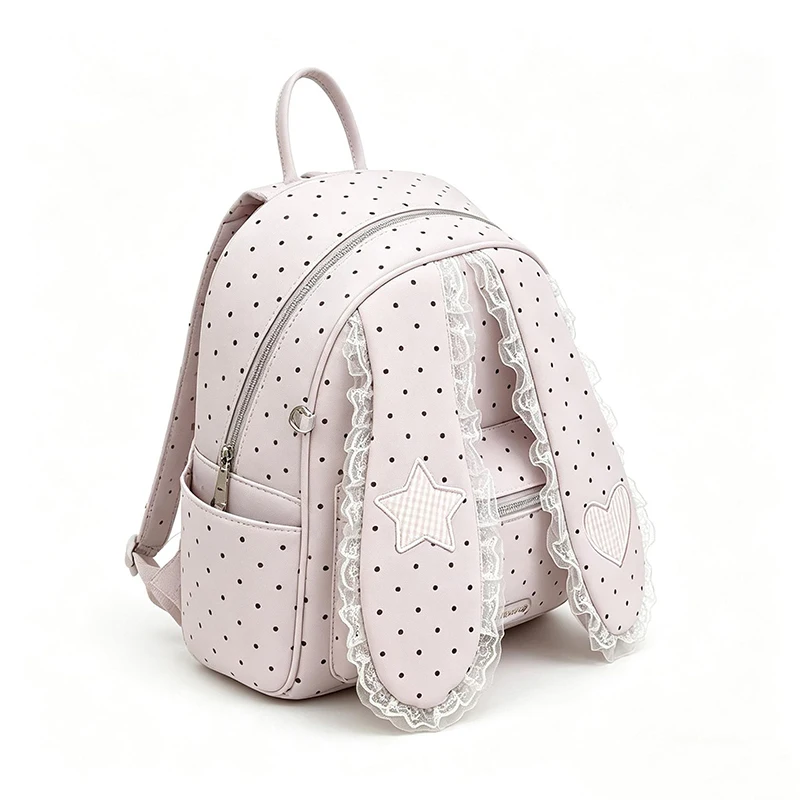 

Creative Japanese Lolita Bunny Ear Backpack, Fashion Polka Dot Lace Decor, Lightweight Nylon Preppy Handbag For Girls