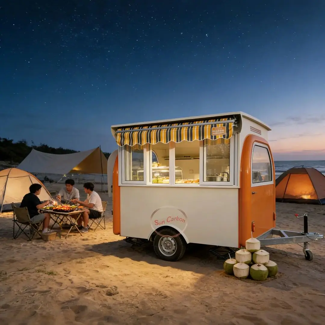 

Fiberglass Mobile Food Cart with Stainless Steel Counter Street Vending Trailer Fast Food Truck with Windows And Storage