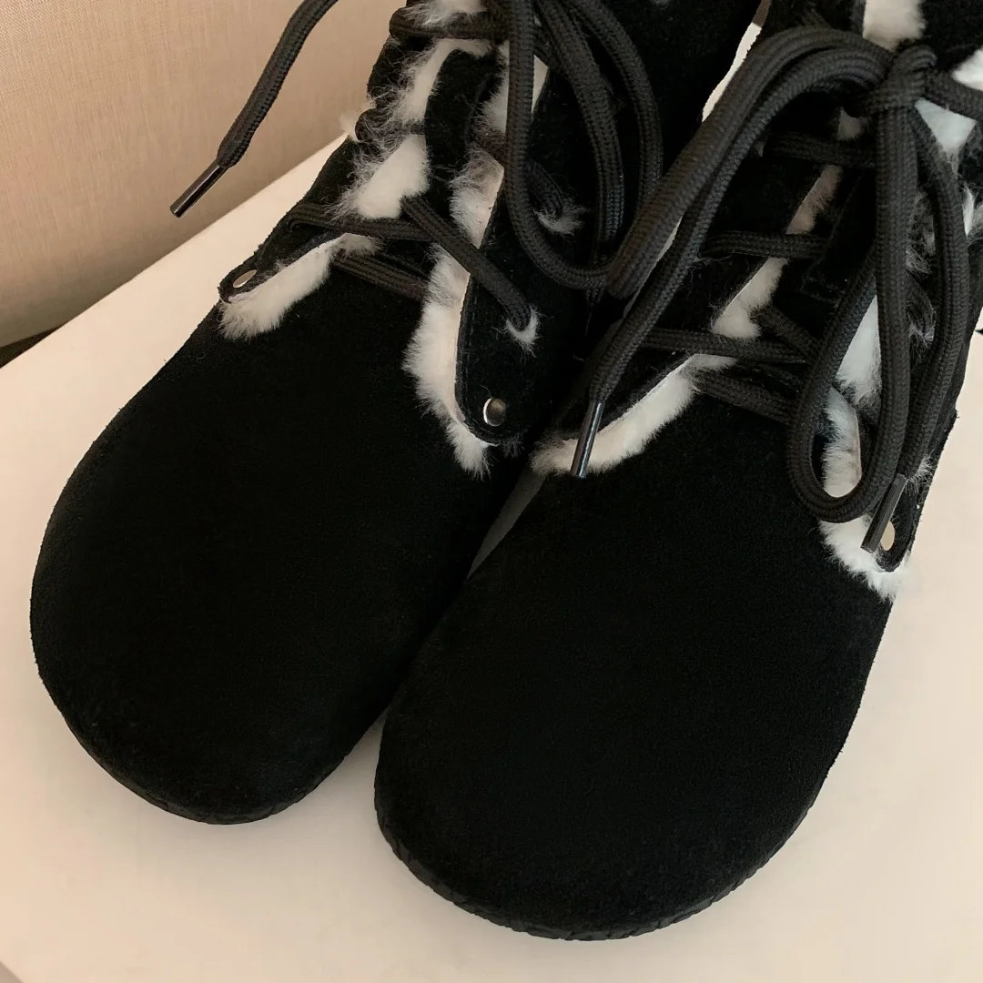 Women's natural suede leather wool inside lace-up flats winter ankle snow boots round toe casual female cold weather short boots image 5