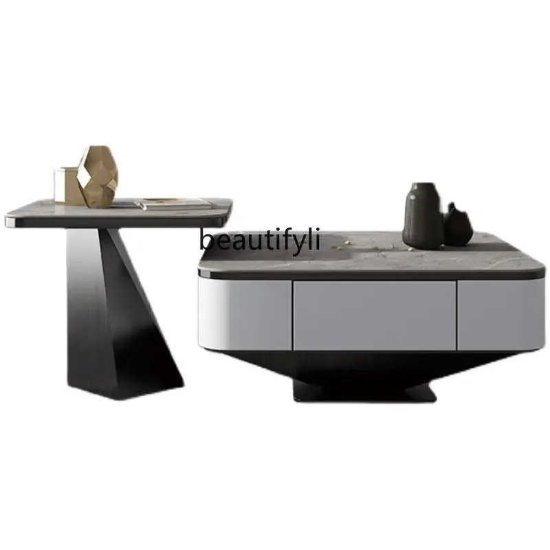 

R1 Square Now Stone Plate Coffee Table Fashionable High-End Italian Coffee Table TV Cabinet Storage Stainless Steel Side Table