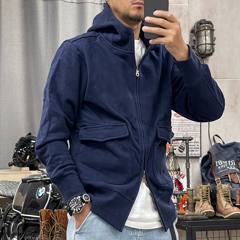 Кардиган с капюшоном, мужская однотонная куртка в стиле ретро, весенне-осенние модели, флисовый свитер в американском стиле ретро, топ на двойной молнии, тонкий повседневный