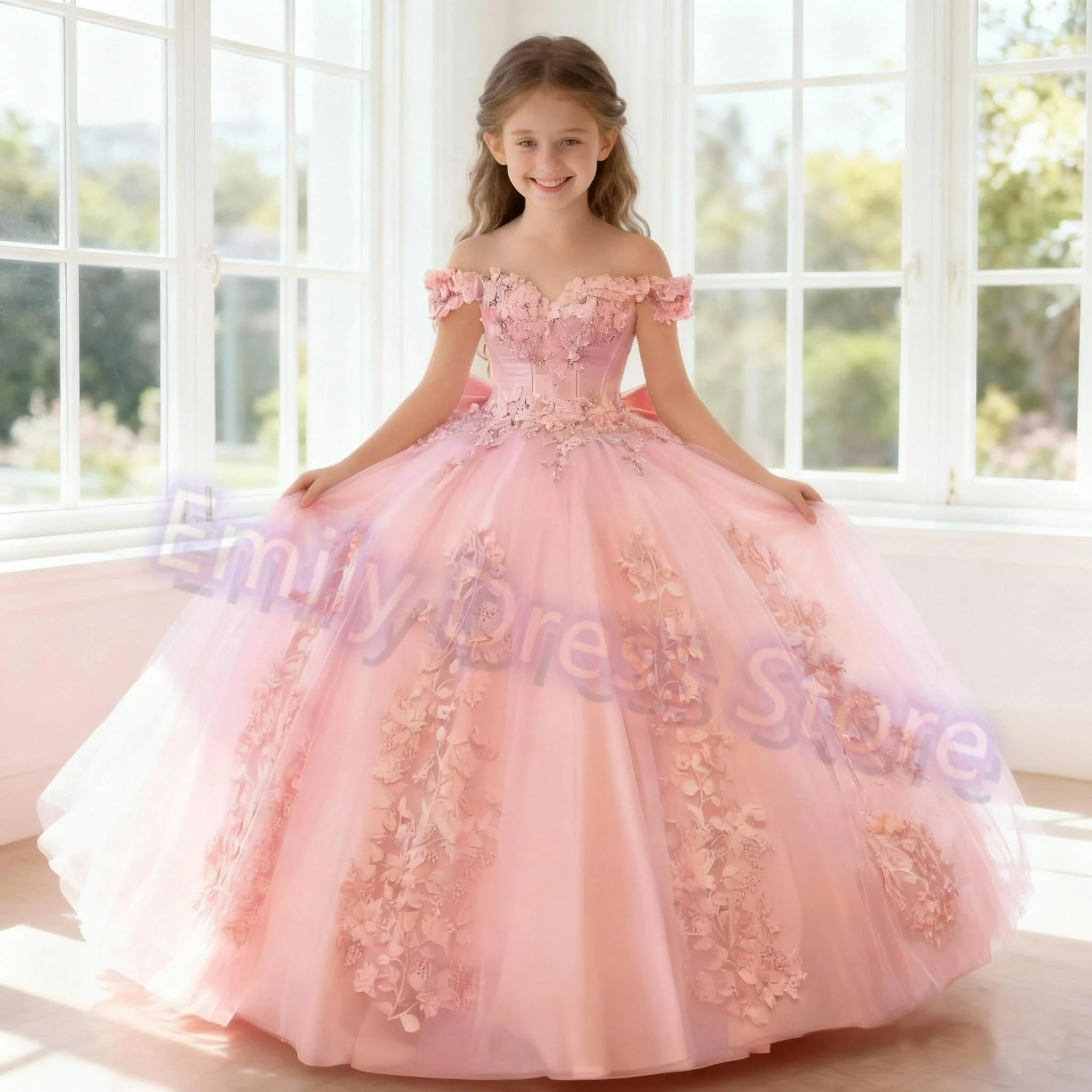 Customized Flower Girl Dress for Wedding Puffy Champagne Off Shoulder Lace Elegant Kids Birthday Party First Communion Ball Gown