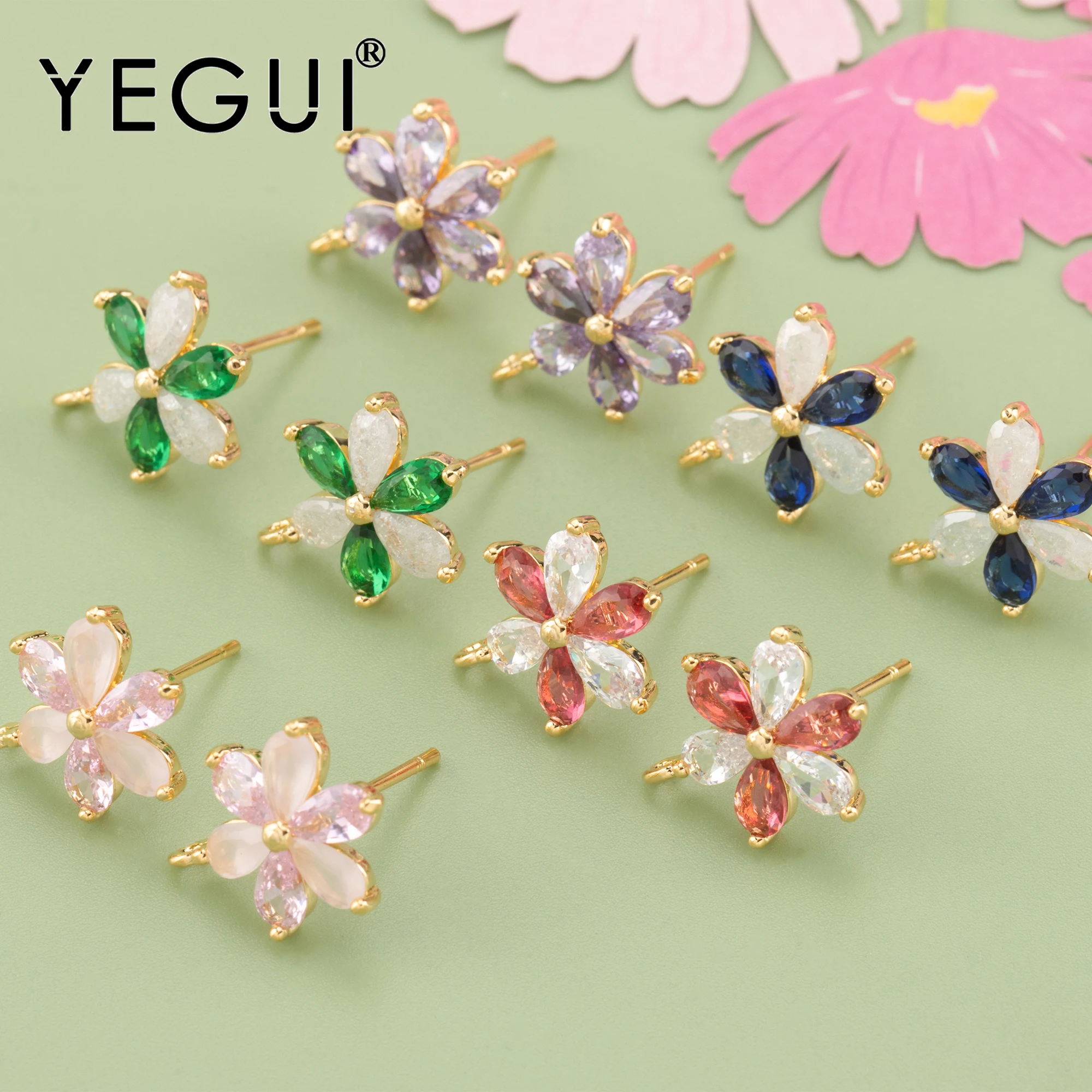 

YEGUI MA95,jewelry accessories,nickel free,18k gold plated,copper,zircons,flower shape,diy earrings,jewelry making,6pcs/lot