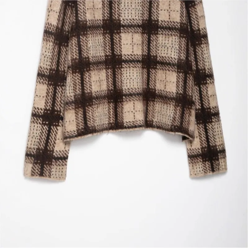 Knitted shirt women Retro 2025 autumn/winter casua lazy Checkered Jacquard Half High Neck Shirt long sleeved basic Simple