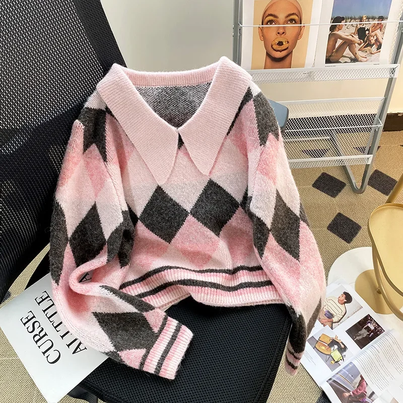 DAYIFUN-Retro Diamond Plaid Sweaters Women Loose Contrast Short Knitted Pullovers Soft Sweat Jumpers Autumn Winter Tops 2023