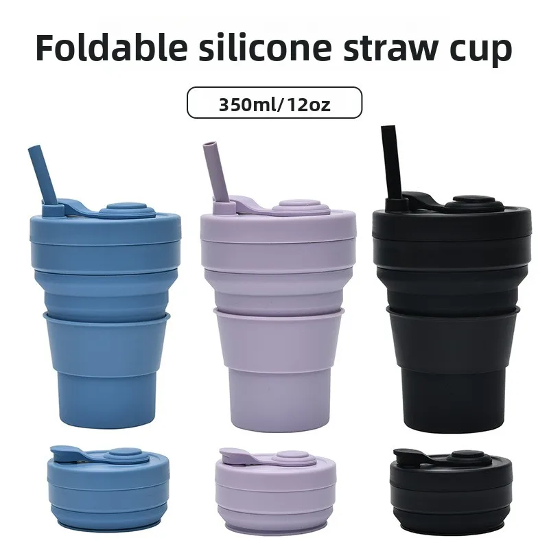

American-Style Coffee Cup Portable Outdoor Travel Mug Collapsible Eco-Friendly Silicone Water Cup Bottle with Compression Straw
