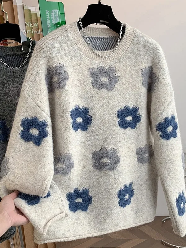 

Женский удобный свободный вязаный свитер с длинными рукавами и круглым вырезом, модный цветной свитер с цветочным дизайном, универсальный, осенне-зимний...