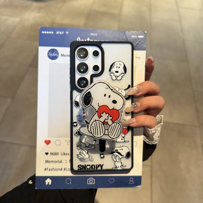 Funda de carga inalámbrica Magsafe con dibujos animados de corazón de amor en 3D para Samsung S22 S23 S24 S25 Ultra Plus, soporte magnético de Snoopy