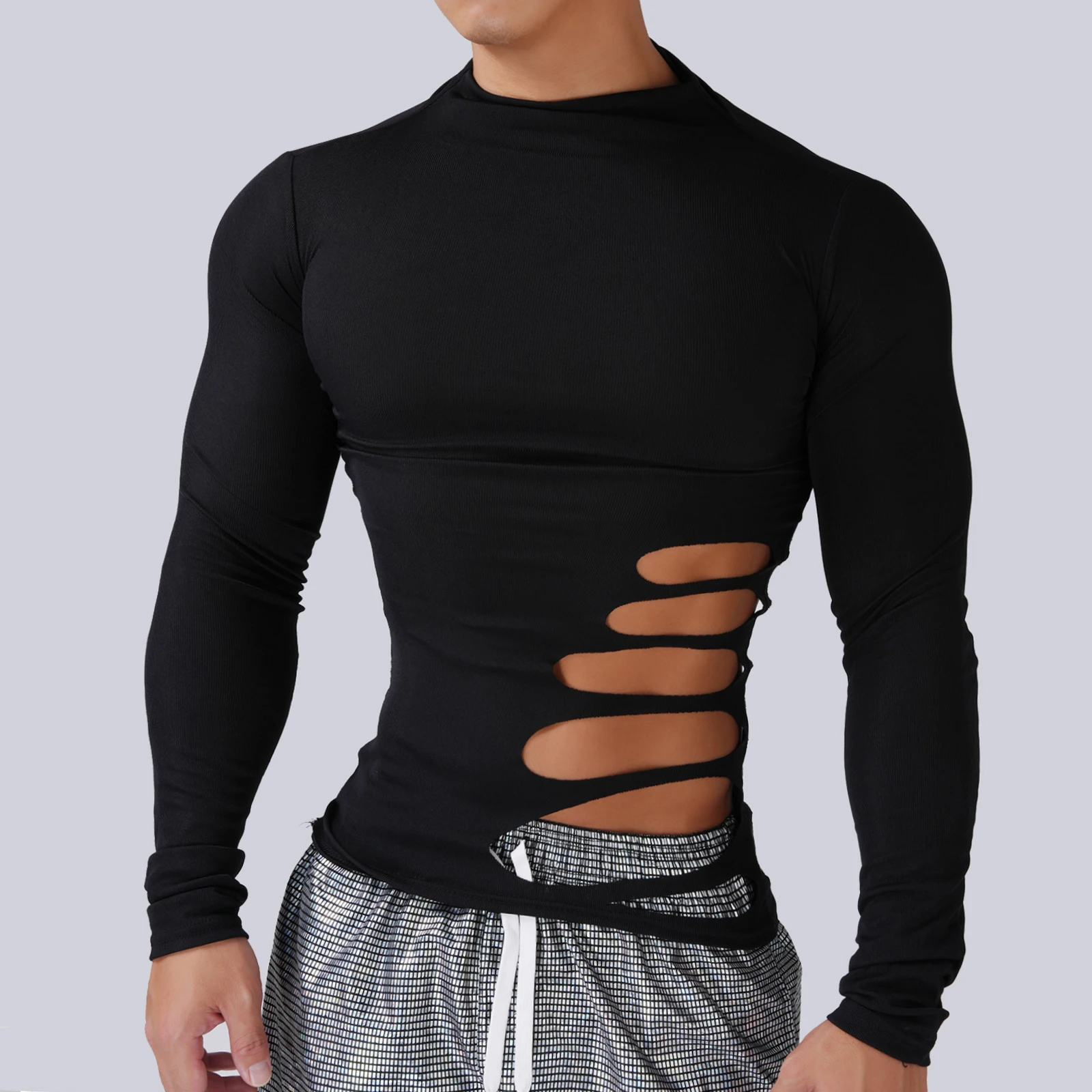 Summer Men T Shirt Long Sleeve Tee Tops Half Collar Clothing Sexy Muscle Skinny Tshirt Side Cut Hollow Out Ripped Slim Autumn