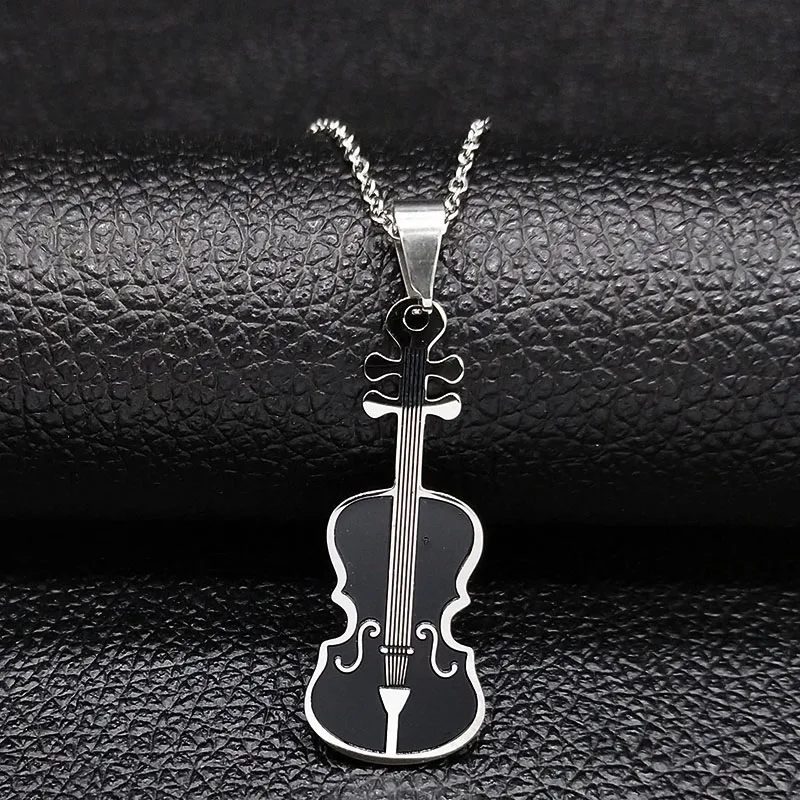 Violin Stainless Steel Necklace Women/Men Small Music Black Enamel Chain Necklace Jewelry moda mujer N1887S01