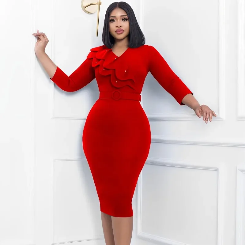 Polyester African Dresses for Women Elegant Autumn African 3/4 Sleeve V-neck Red Green Yellow Black Bodycon Dress With Belt