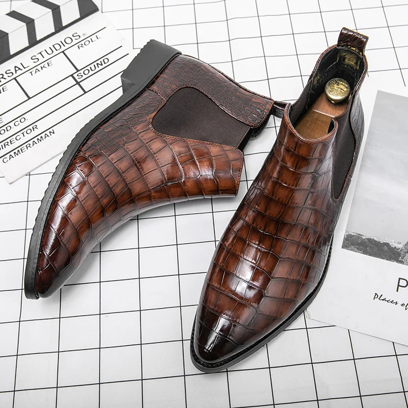 Classic Men's Brown Boots Size 46 Pointed-toe Leather Shoes Man High Top Formal Shoes Slip-on Chelsea Boot Men botas masculino