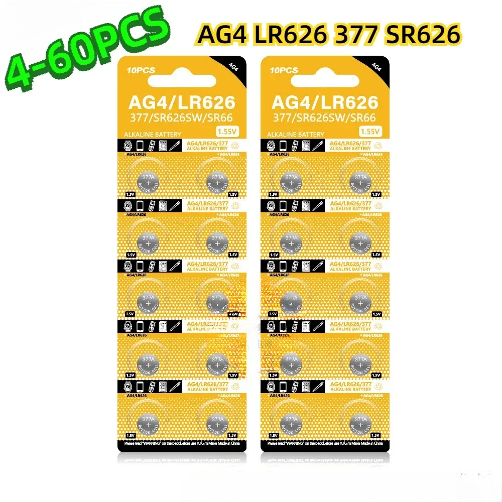 

4-60PCS AG4 Alkaline Coin Cell LR626 377 SR626 177 626A 377A CX66W Button Battery For Toy Calculator Car Key Clock Watch 1.55V