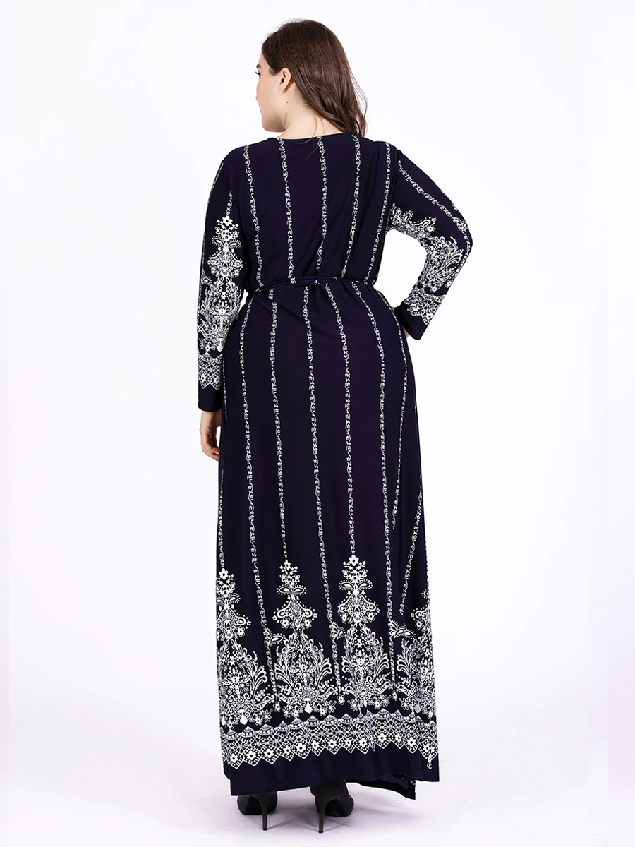 2023 Autumn Winter Wrap Dress Woman Long Sleeve Retro Printing Maxi Long Dubai Abaya Muslim Dress Plus Size Islamic Clothing