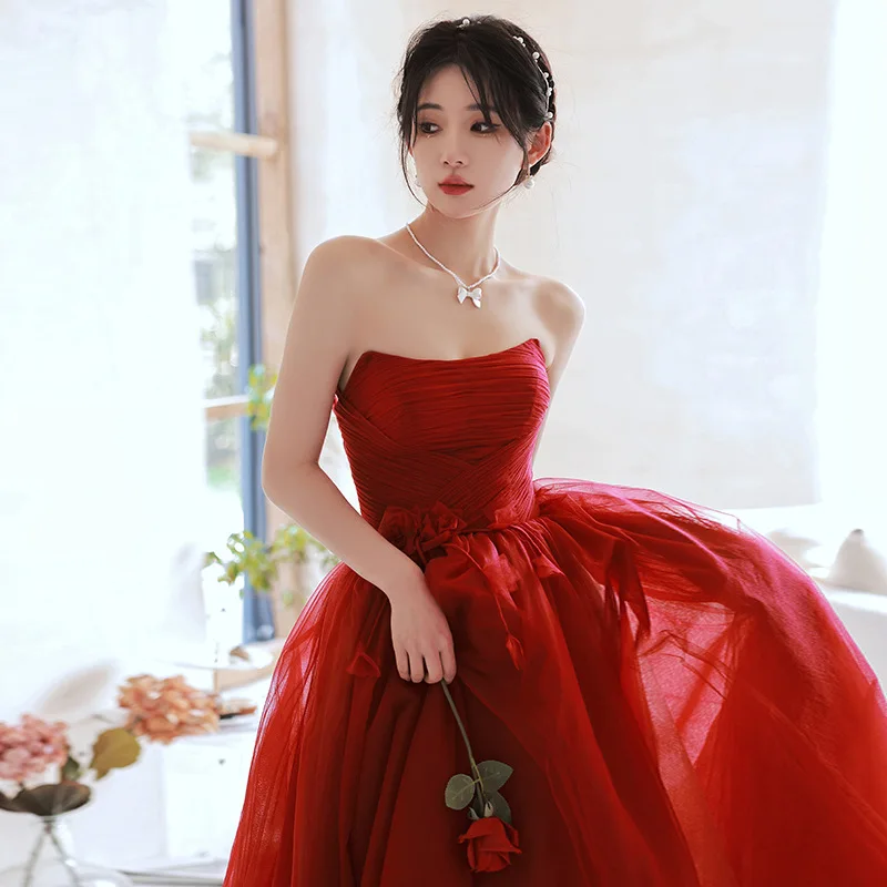 Women Burgundy Tube Top Prom Party Dresses Sexy Backess Long A-line Tulle Formal Dress Toast Clothing