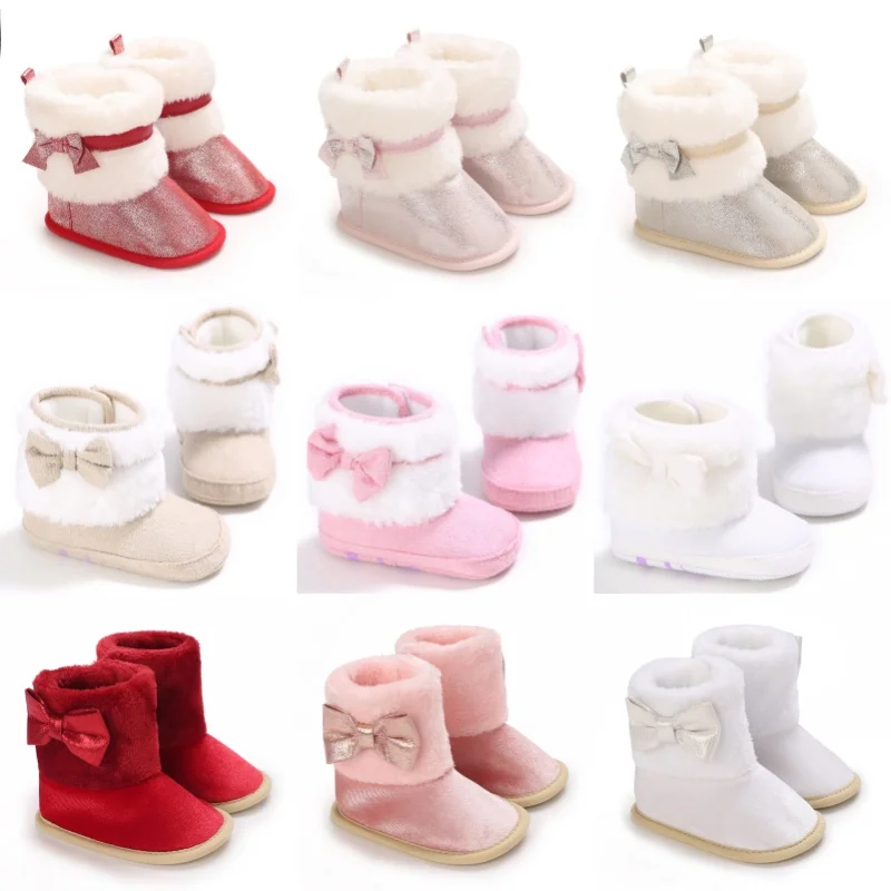 Cute Bow Princess Baby Shoes Soft Bottom Winter Style 0-12 Months Children's Baby Pre Step Men's and Women's Plush Cotton Shoes