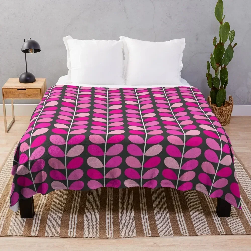 Mid-Century Danish Leaves, Fuchsia Pink and Gray Throw Blanket Decoratives Flannels Decorative Sofas Blankets