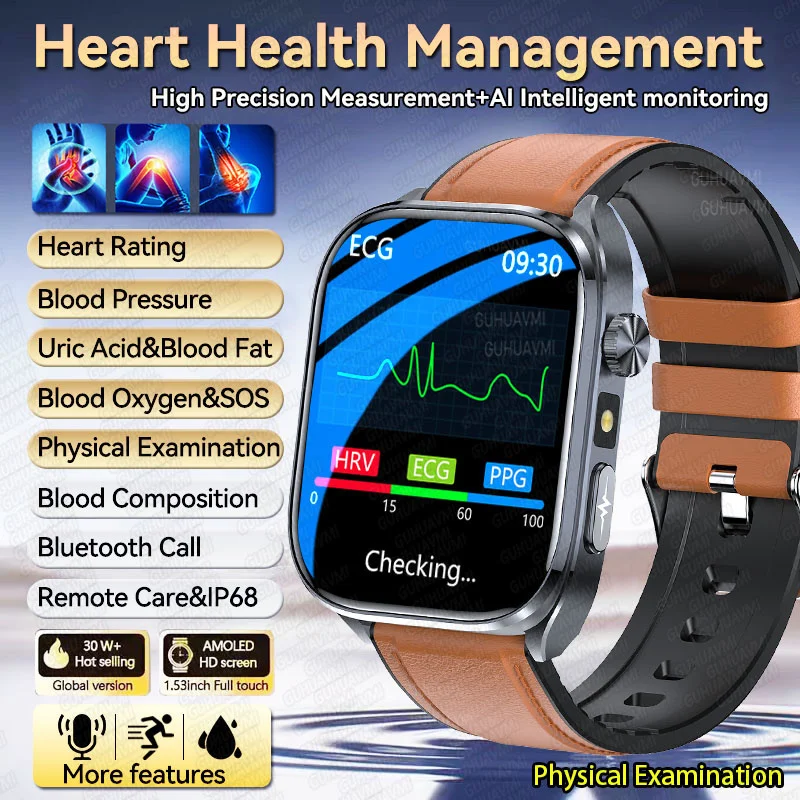 

2025 New Health Monitoring ECG+PPG Uric Acid Blood Pressure Blood oxygen Body Analysis Smart Watch BT Call Clock Smartwatch Men