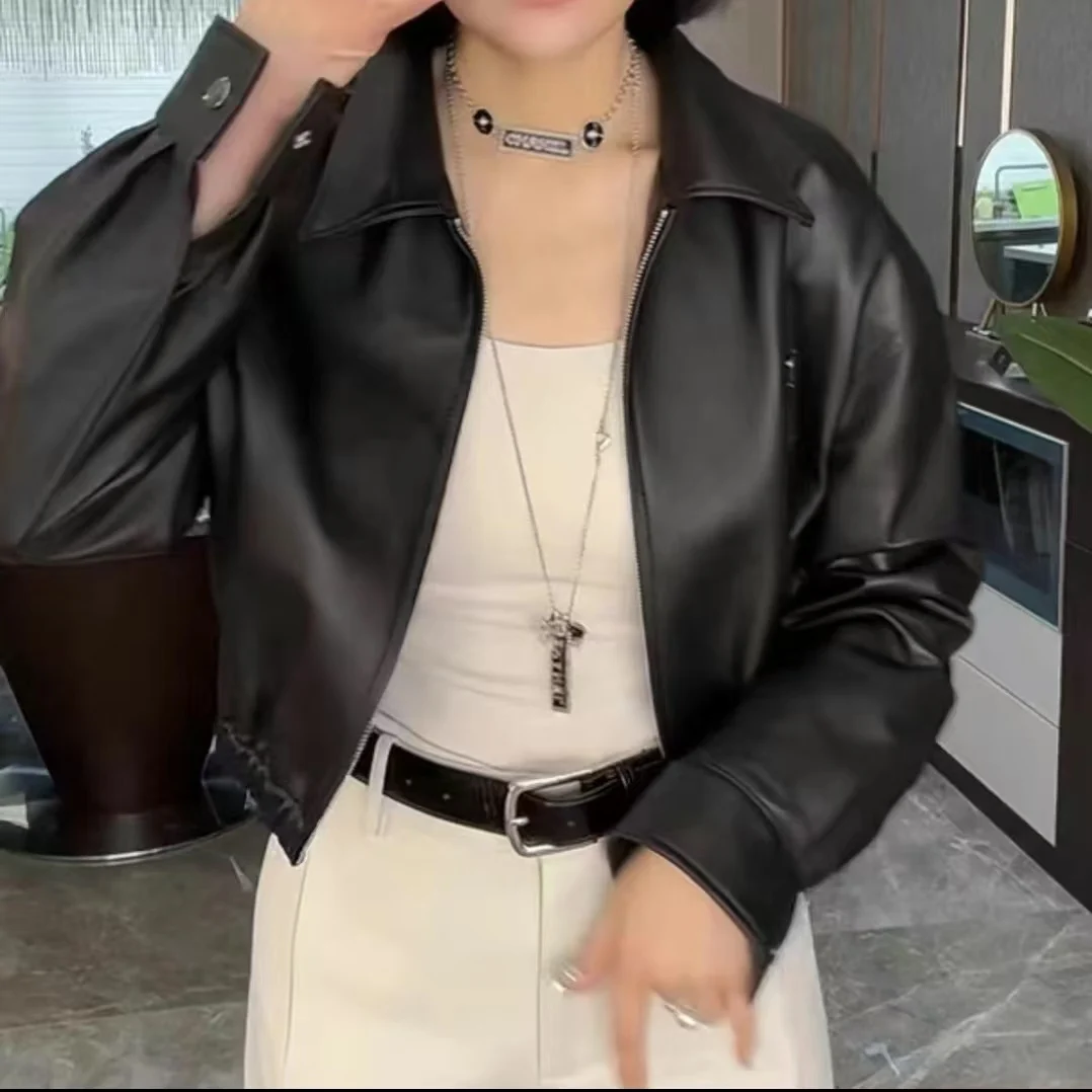 Faionable ort Motorcycle Jaet Women's Synthetic eepskin Coat Elastic Waist PU Leather Top Trendy Commute Sle Zipper