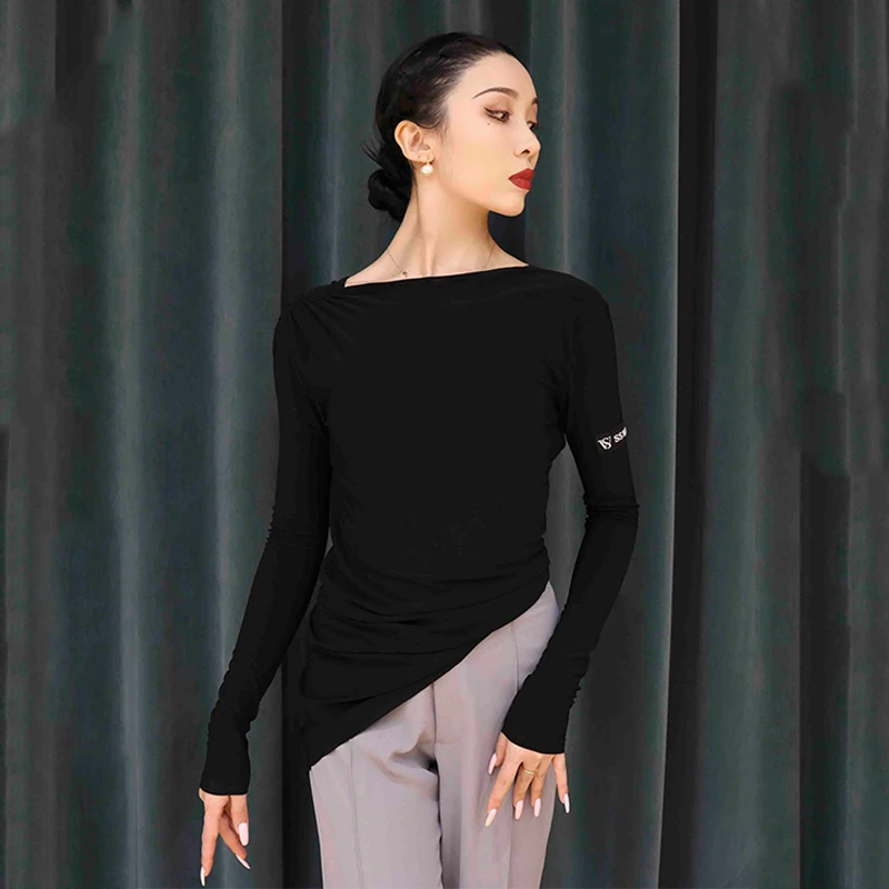 New Slant Shoulder Latin Dance Tops Long Sleeves Irregular Blouse Rumba Modern Dance Practice Clothing Adult Dance Wear DNV18313