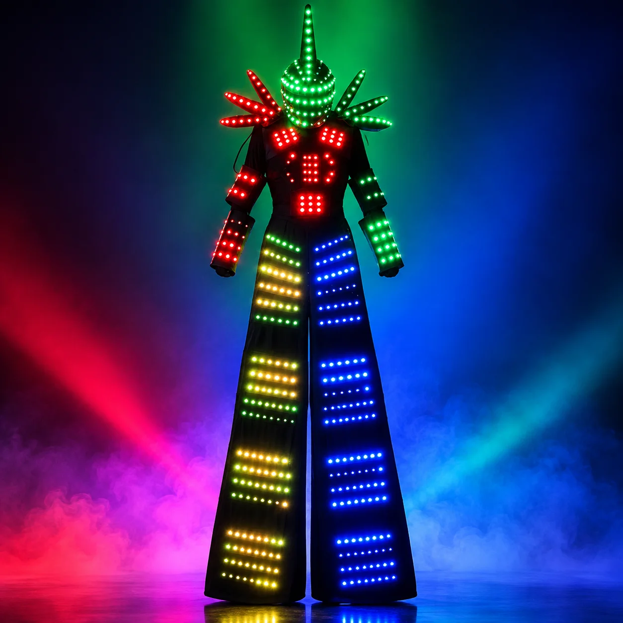 RGB LED Stilt Walker Robot Costume, Full Color Light Up Stilt Performer Suit with Spiked Headgear for Stage Carnival Parade Show