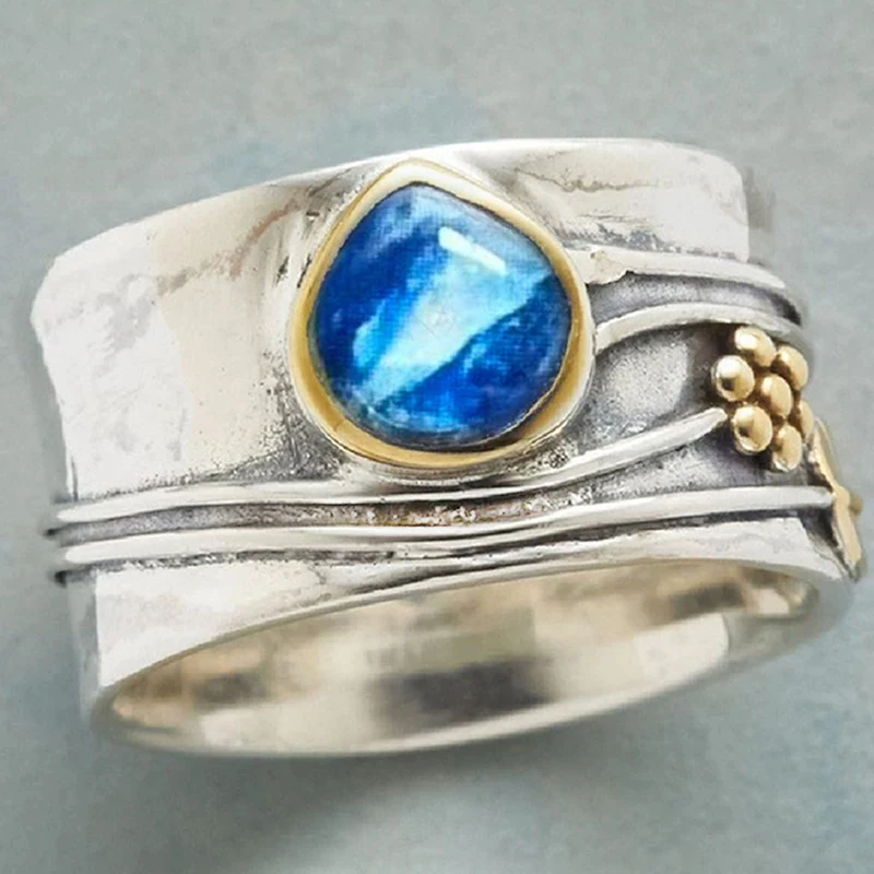 Anillos Anchos Vintage Huitan con Piedra Azul Adhesiva, Anillo con Diseño de Mariposa y Flor Encantador para Mujer, Joyería Elegante de Plata Antigua