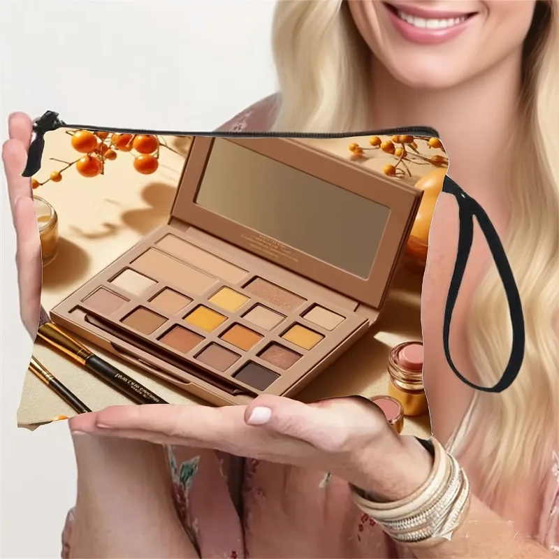 Portable Eyeshadow Palette Makeup Bag Storage Pouch, 2D Double-Sided Printed Wristlet Organizer, Travel Toiletry Zippered Pouch