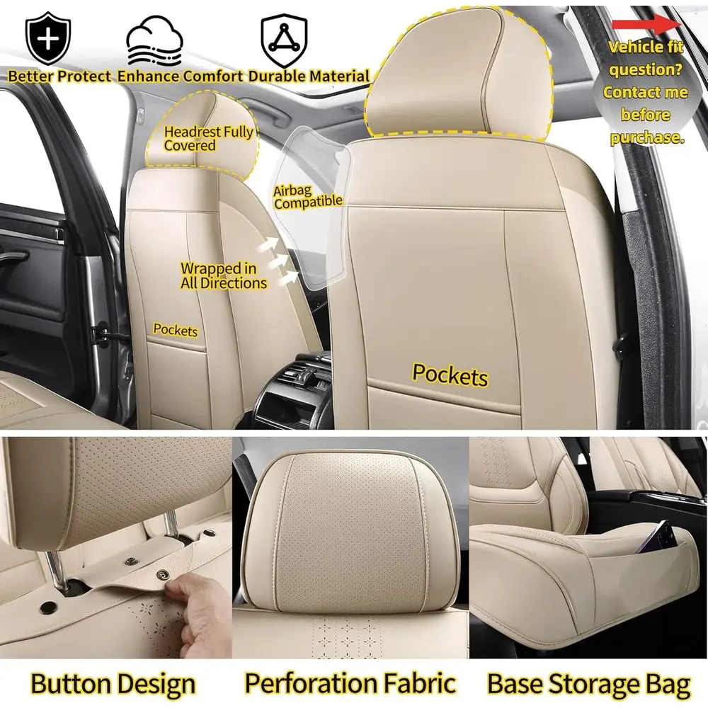 زوج من أغطية مقاعد السيارة الأمامية باللون البيج، مناسب عالمي للسيارات وسيارات الدفع الرباعي وسيارات السيدان والشاحنات