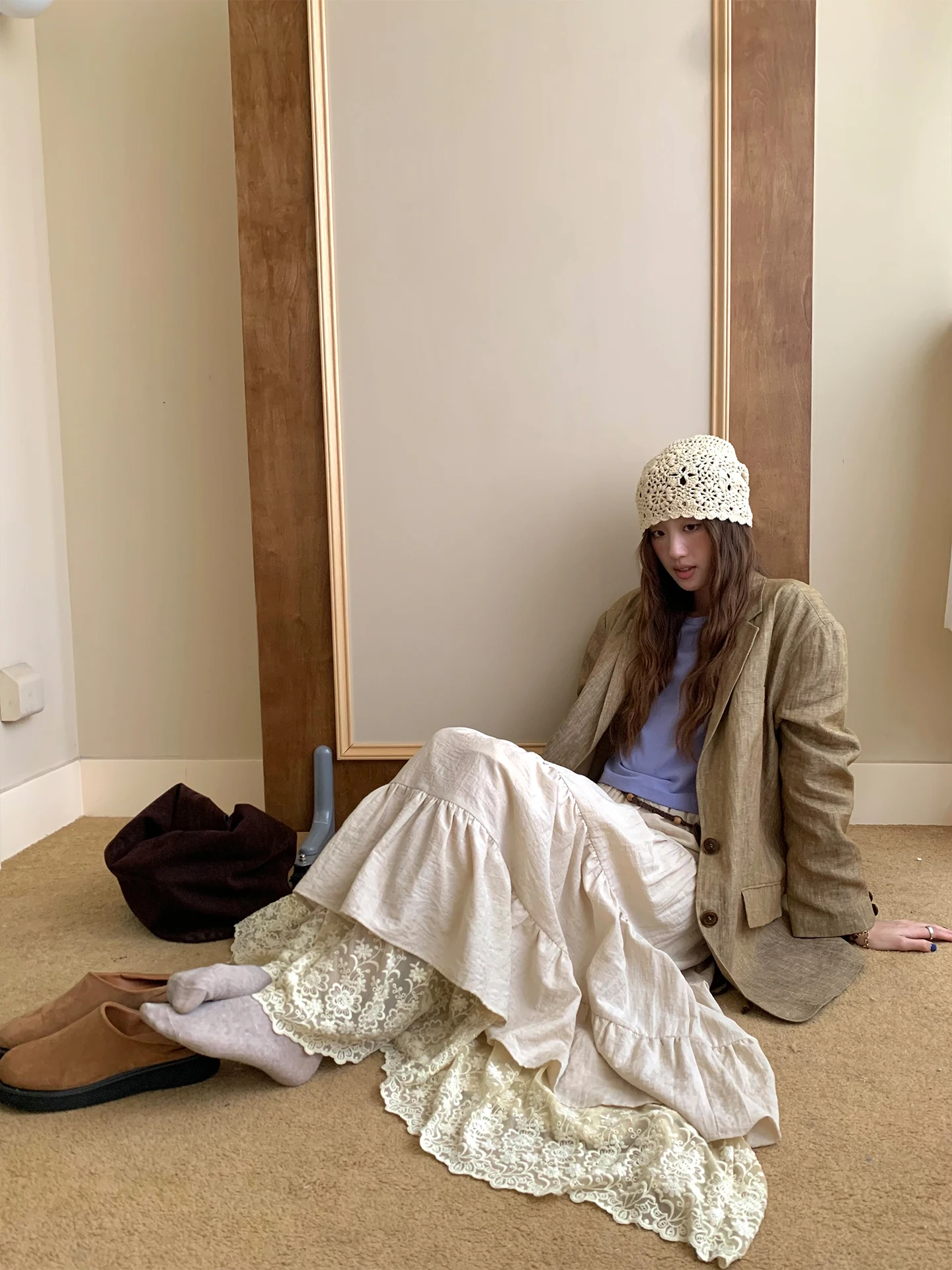 Soolrok High Waist Lace Long Skirt Korean Style Half Body Skirt Embroidered Linen Patchwork Hip Concealing Layered Skirt