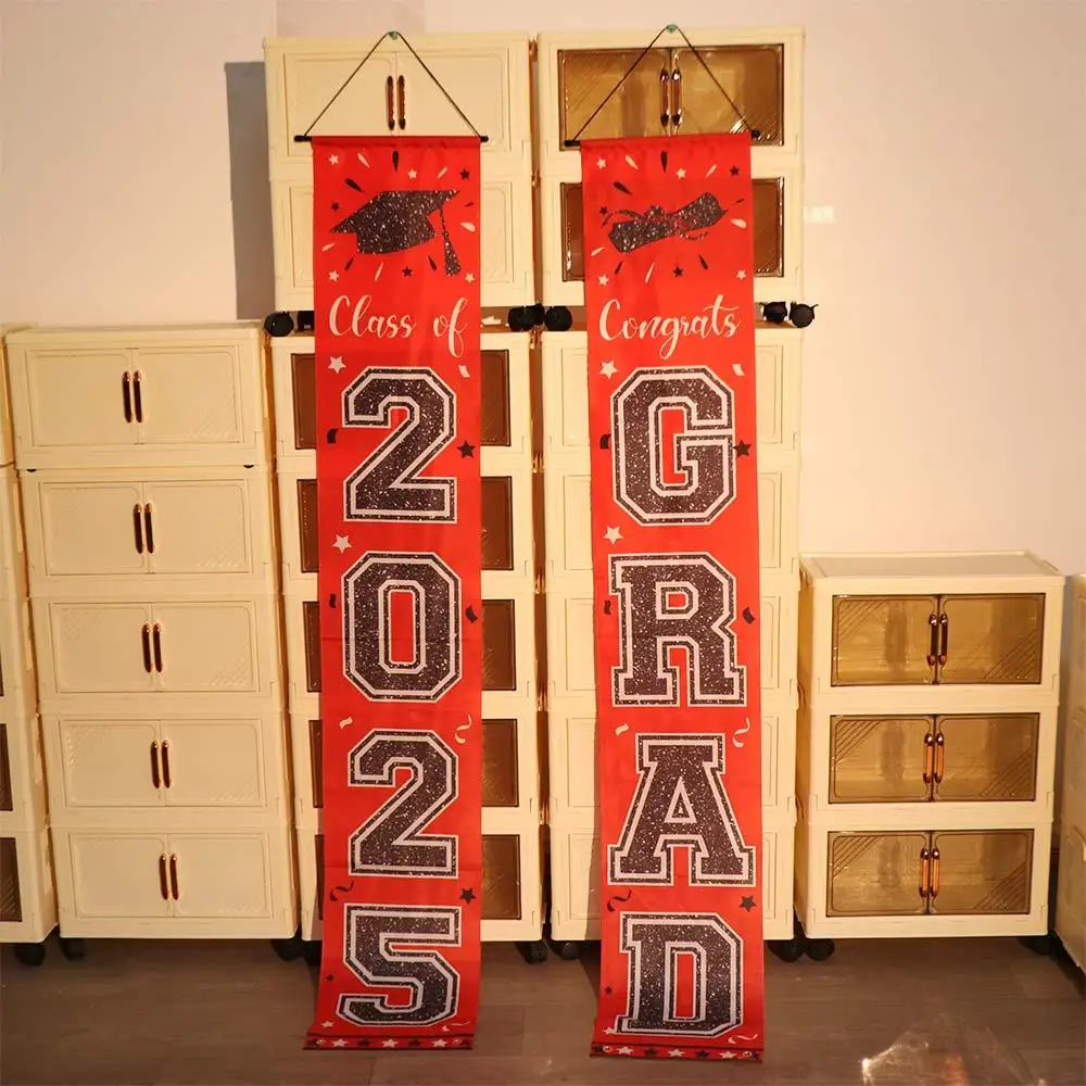 Red Graduation Porch Sign Banner Class of 2025 Celebrate Graduation Photography Backdrop Congrats Grad Polyester